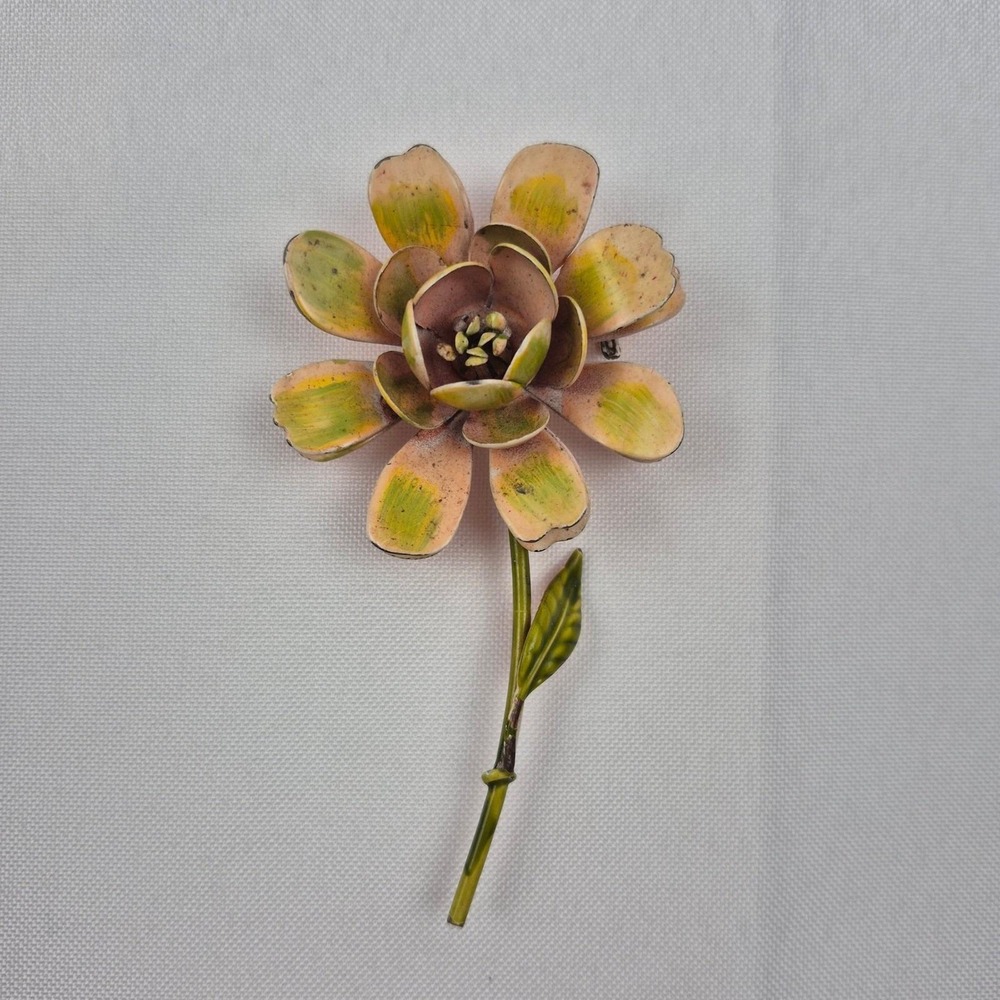 Vtg Enamel Flower Brooch Pink Green Daisy 3.5" Mod 60s Retro Floral Pin MCM